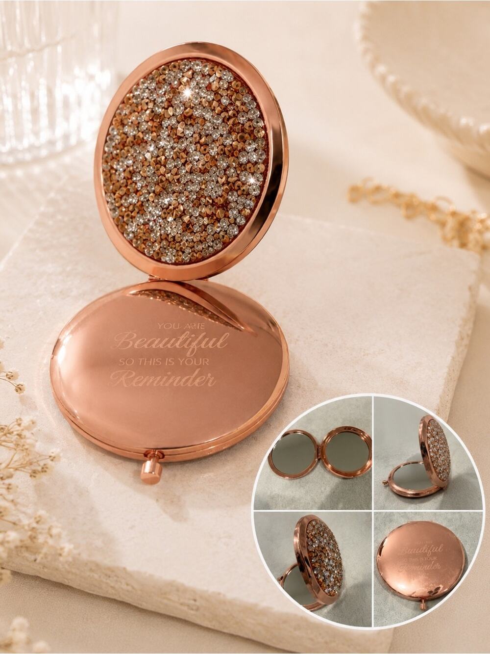 Rose Gold Compact Mirror Portable Pocket Makeup beautiful reminder cute gift